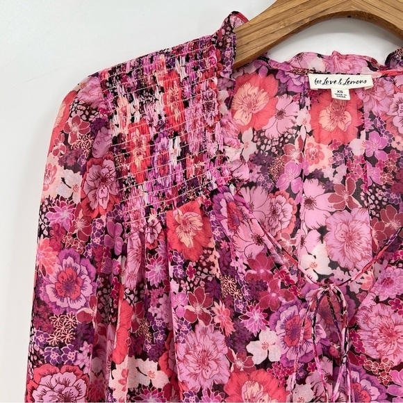 For Love & Lemons Grace Blouse Sheer Floral Long Sleeve Top in Carnation XS - Picture 7 of 12